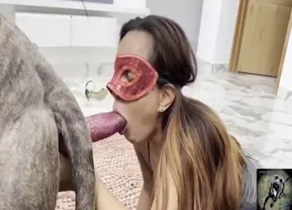 Red Masked Brunette Dogging Her Pet Dog in HD Zoo Sex Clips
